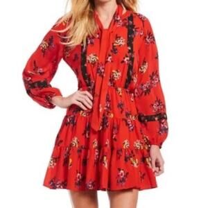Gianni Bini Mini Dress Size M Red Floral Long Sleeve Button Front Fit Flare